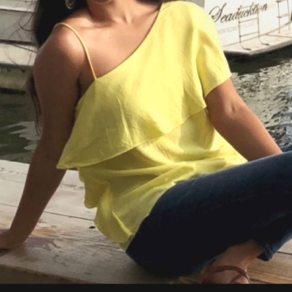 Zara Yellow One-Shoulder Ruffle Shell Top